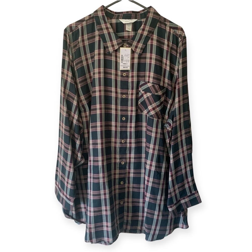 CJ Banks NWT Dark Green/Burgundy Plaid Button Up